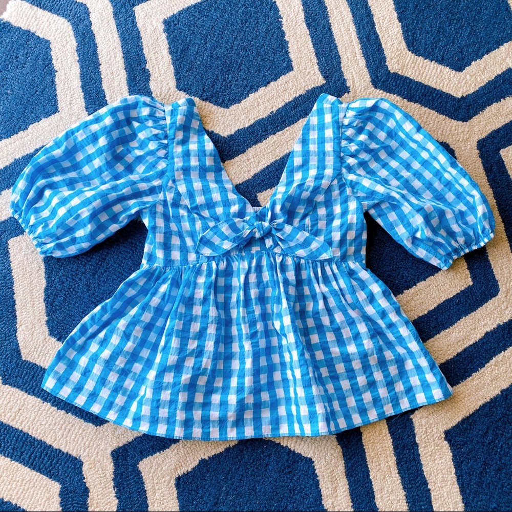 🐬 LILLY PULITZER SARAFINA TURQUOISE OASIS CRINKLE GINGHAM SHORT SLEEVE TOP! - Picture 7 of 15